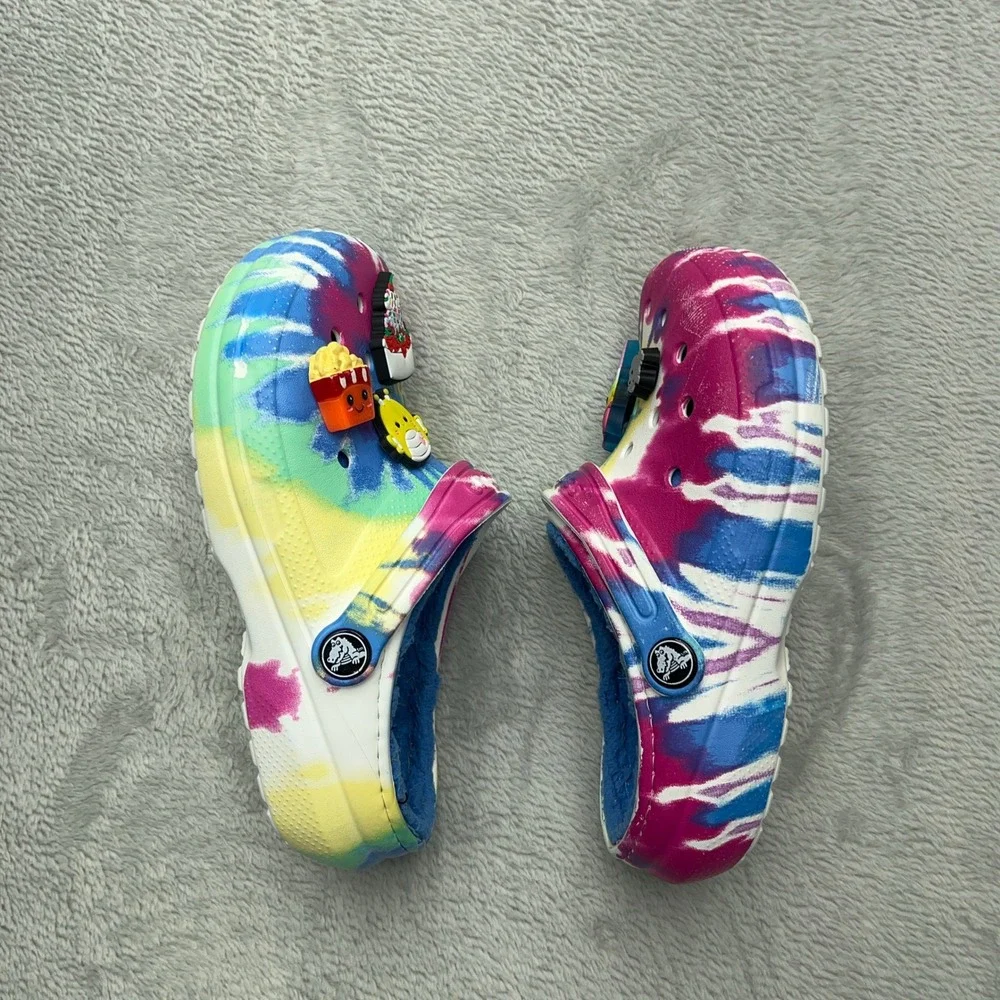 Kids Crocs Lined Tie Dye Clogs Size 13 with Charms Unicorn Chicken Cake
